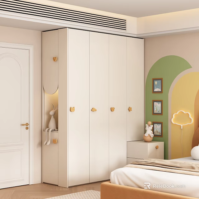 Modern White Wardrobe with Golden Handles in Bedroom with Green Yellow Walls and Cloud Lamp 3d model 