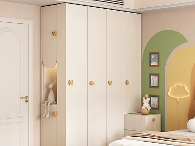 Modern White Wardrobe with Golden Handles in Bedroom with Green Yellow Walls and Cloud Lamp 3d model