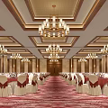 Elegant Banquet Hall With Grand Chandeliers Arranged Tables Chairs And Red Carpet