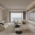 Modern Living Dining Room Interior With Sofa Coffee Table TV Wall And Scenic Window