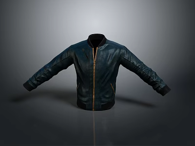 Dark Blue Leather Jacket With Front Zipper Black Cuffs And Casual Design For Daily Use 3d model