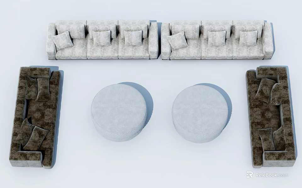 Modern Sofa Set With Light Gray And Dark Brown Sofas And Round Ottomans 3d model