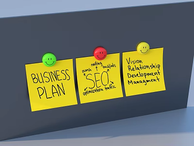 Yellow Sticky Notes with Business Plan SEO Tools Vision Management on Gray Background Push Pins 3d model