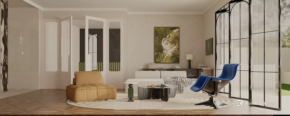 Warm Neutral Style Living Room With Comfy Seats Unique Coffee Table And Elegant Wall Art 3d model 