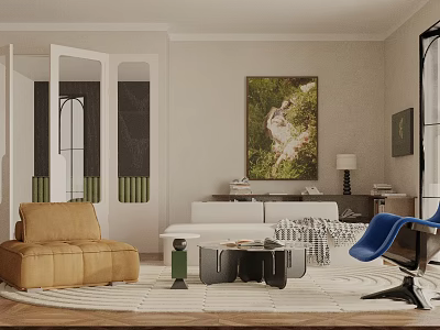Warm Neutral Style Living Room With Comfy Seats Unique Coffee Table And Elegant Wall Art 3d model