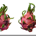 Two Ripe Pink Dragon Fruit With Green Leafy Crowns On White Background