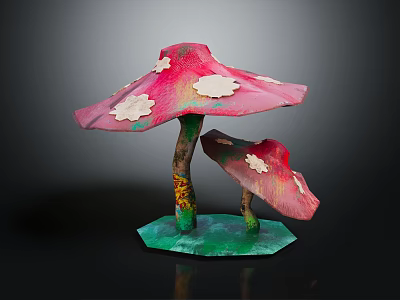 Colorful Vegetable Crafted Mushroom Sculpture With Pink Spotted Caps Brown Green Stems And Green Base 3d model