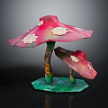 Colorful Vegetable Crafted Mushroom Sculpture With Pink Spotted Caps Brown Green Stems And Green Base