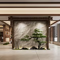 Chinese Style Elevator Corridor With Spacious Design Stone Wall Pine Tree Rockery And Wooden Decorations