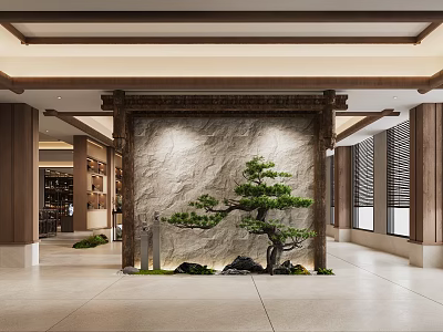 Chinese Style Elevator Corridor With Spacious Design Stone Wall Pine Tree Rockery And Wooden Decorations 3d model