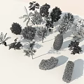 Trees with various colors shapes and red orange green bushes under blue sky white ground
