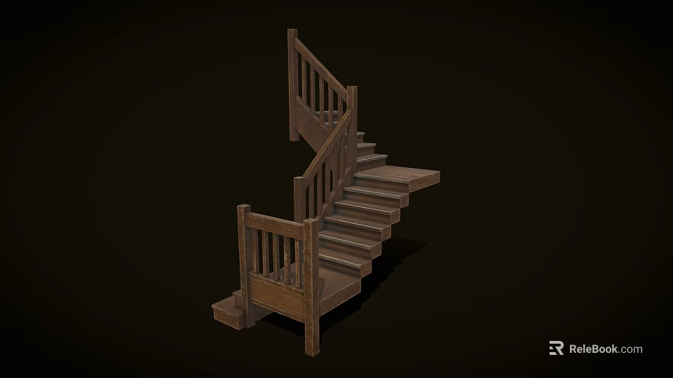Wooden Staircase With Railings And L Shaped Design For Modern Interior 3d model 