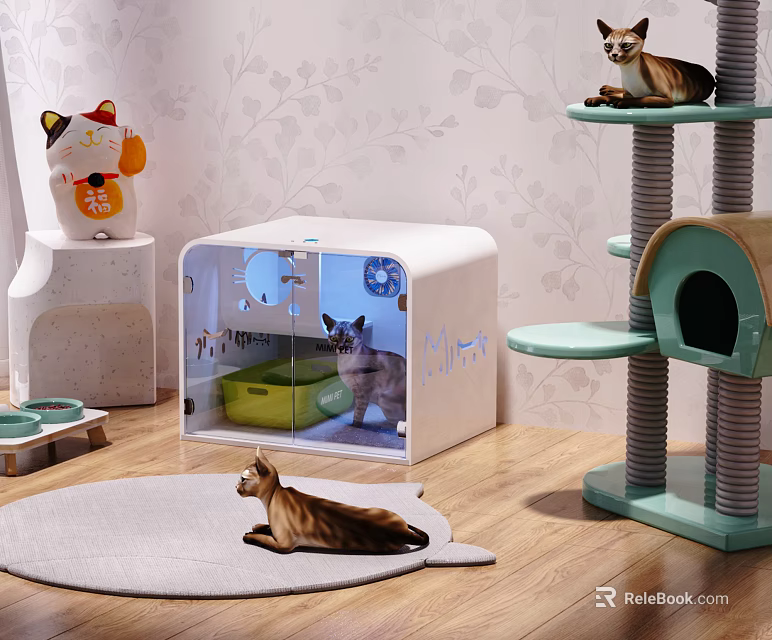 Small Garden Inspired Pet Decor With Cat Tree Bed Mat And Cats Arrangement 3d model 