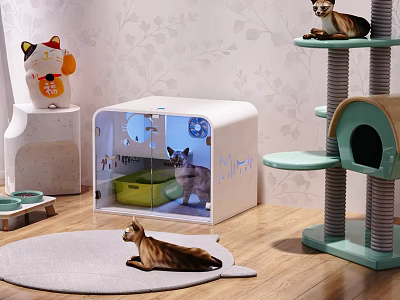 Small Garden Inspired Pet Decor With Cat Tree Bed Mat And Cats Arrangement 3d model