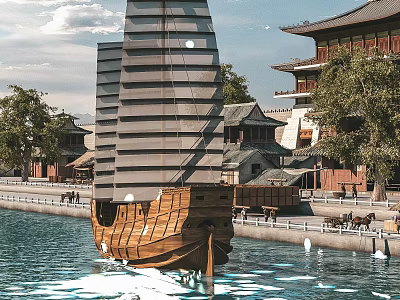 Picturesque Waterfront Scenery With Ancient Style Buildings Green Trees And Tall Wooden Sailboat 3d model