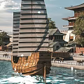 Picturesque Waterfront Scenery With Ancient Style Buildings Green Trees And Tall Wooden Sailboat