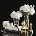 Elegant Decorative Ornament Set with White Hydrangea Glass Vase Golden Horse Figurine Book and Candle