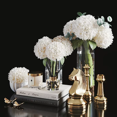 Elegant Decorative Ornament Set with White Hydrangea Glass Vase Golden Horse Figurine Book and Candle 3d model