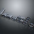 Shiny Metal Mechanical Parts Arranged With Various Shapes Including Connectors On Gray Background 3d model