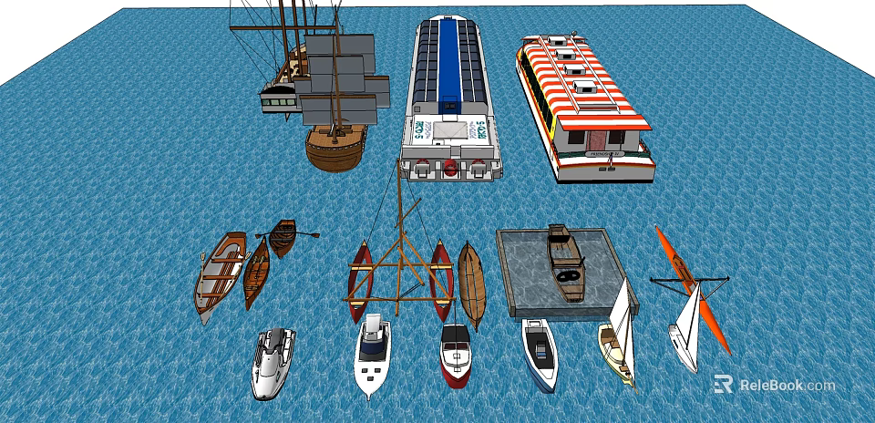Various Sailboat Types And Small Boats Display On Blue Water Surface 3d model 