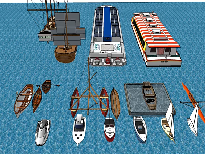 Various Sailboat Types And Small Boats Display On Blue Water Surface 3d model