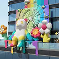 Colorful Art Installation On High Rise Building Facade With Rainbow Clouds Ferris Wheel Cartoon Bear And Flowers