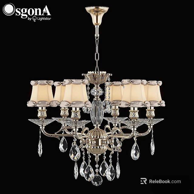 Ornate Classic Chandelier With Fabric Shades Crystal Pendants And Metal Frame 3d model 