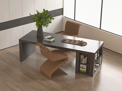 Modern Wooden Desk Chair Set With Brown Chairs Green Plant Tray And Books 3d model