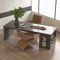 Modern Wooden Desk Chair Set With Brown Chairs Green Plant Tray And Books
