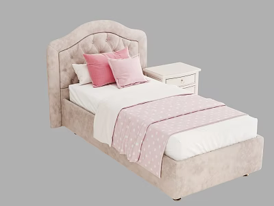 Cozy Single Bed With Beige Upholstered Headboard Pink Pillows Polka Dot Blanket And White Nightstand 3d model