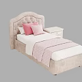 Cozy Single Bed With Beige Upholstered Headboard Pink Pillows Polka Dot Blanket And White Nightstand