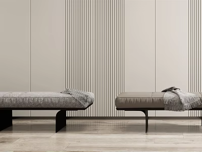 Modern Gray Ottoman Design With Striped Wall And Wooden Floor In Minimalist Room 3d model