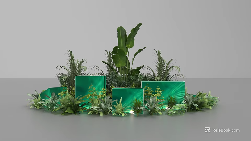 Green Themed Photo Check In Spot With Rectangular Display Boards And Lush Plants 3d model 