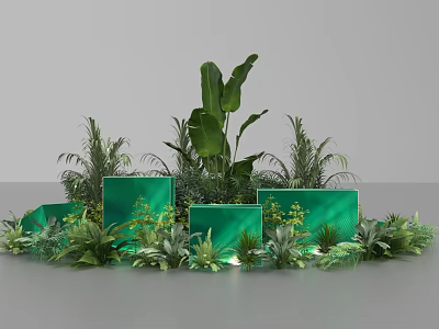 Green Themed Photo Check In Spot With Rectangular Display Boards And Lush Plants 3d model
