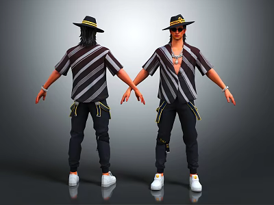3D Character Design Model With Striped Shirt Black Pants White Shoes And Front Back Views 3d model