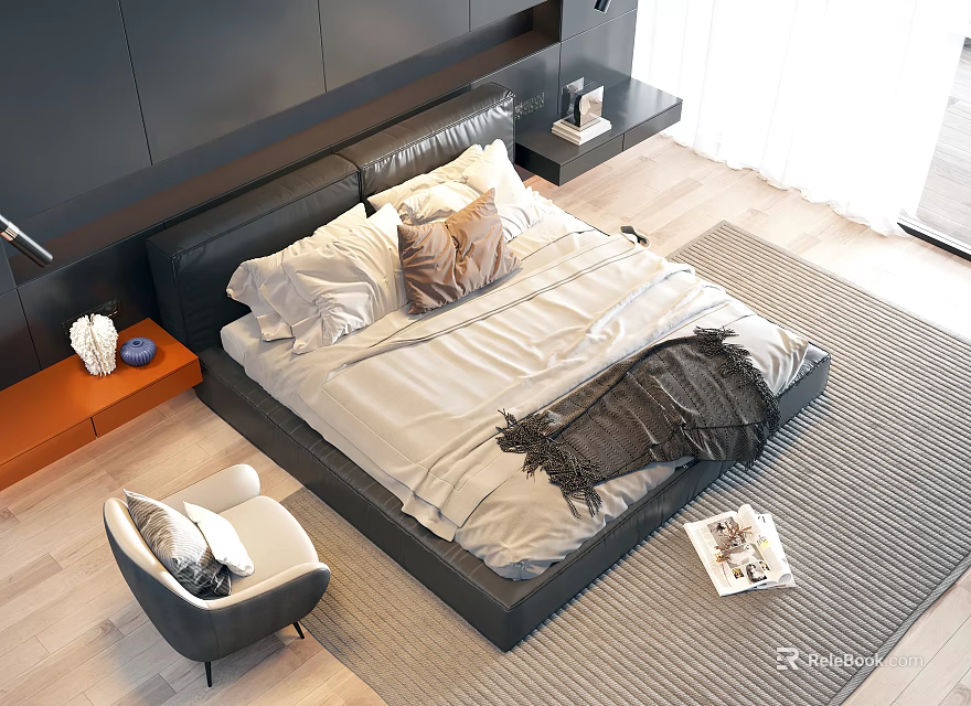 Modern Double Bed With Black Leather Headboard White Sheets Brown Pillow And Dark Throw Blanket 3d model 