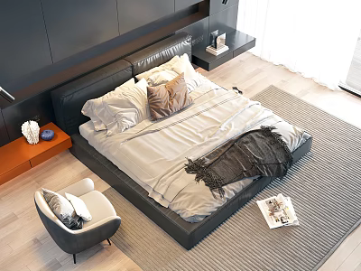 Modern Double Bed With Black Leather Headboard White Sheets Brown Pillow And Dark Throw Blanket 3d model