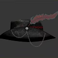 Stylish Gray Hat With Red Patterned Band Feather And Chain Decor 3d model