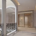 Elegant Elevator Lobby With Marble Floor Metal Doors And Wrought Iron Railing