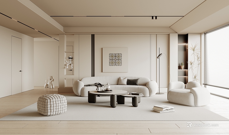 Minimalist Modern Living Room Interior Design With Light Sofa Coffee Table And Decorative Wall Art 3d model 