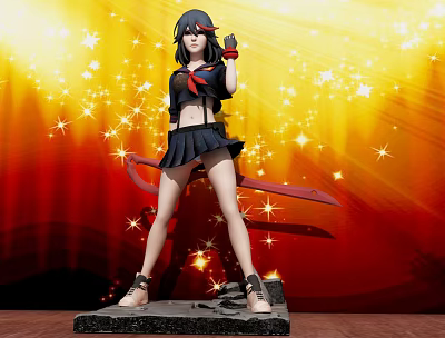 Game Anime Character Statue With Black Hair Red Sword Skirt Outfit Golden Star Background 3d model