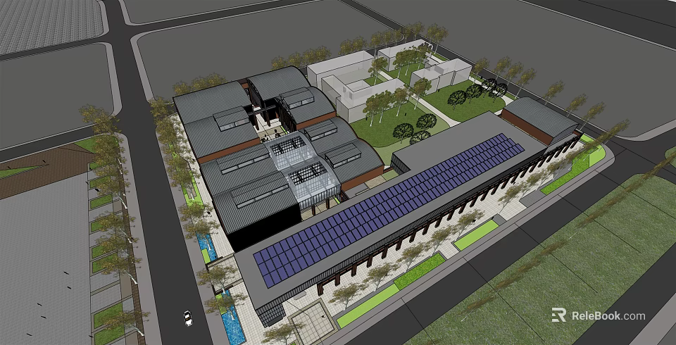 Modern Commercial Street With Solar Panel Roofs Green Areas And Pedestrian Walkways 3d model 