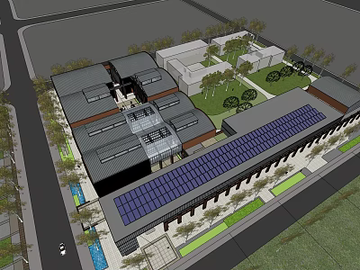 Modern Commercial Street With Solar Panel Roofs Green Areas And Pedestrian Walkways 3d model