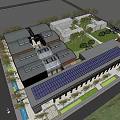 Modern Commercial Street With Solar Panel Roofs Green Areas And Pedestrian Walkways