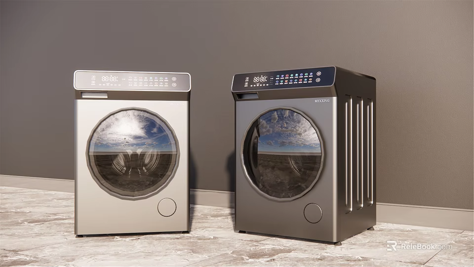 Two Modern Washing Machines With Transparent Circular Doors Silver Black Finish And Digital Controls 3d model 