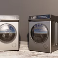 Two Modern Washing Machines With Transparent Circular Doors Silver Black Finish And Digital Controls