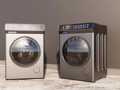 Two Modern Washing Machines With Transparent Circular Doors Silver Black Finish And Digital Controls 3d model