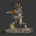 Mechanical Robot Character With Golden Head And Weapons On Circular Base 3d model