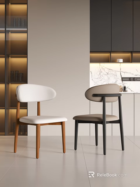 White And Beige Single Chairs With Wooden And Black Metal Legs In Modern Interior 3d model 