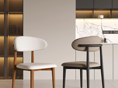 White And Beige Single Chairs With Wooden And Black Metal Legs In Modern Interior 3d model